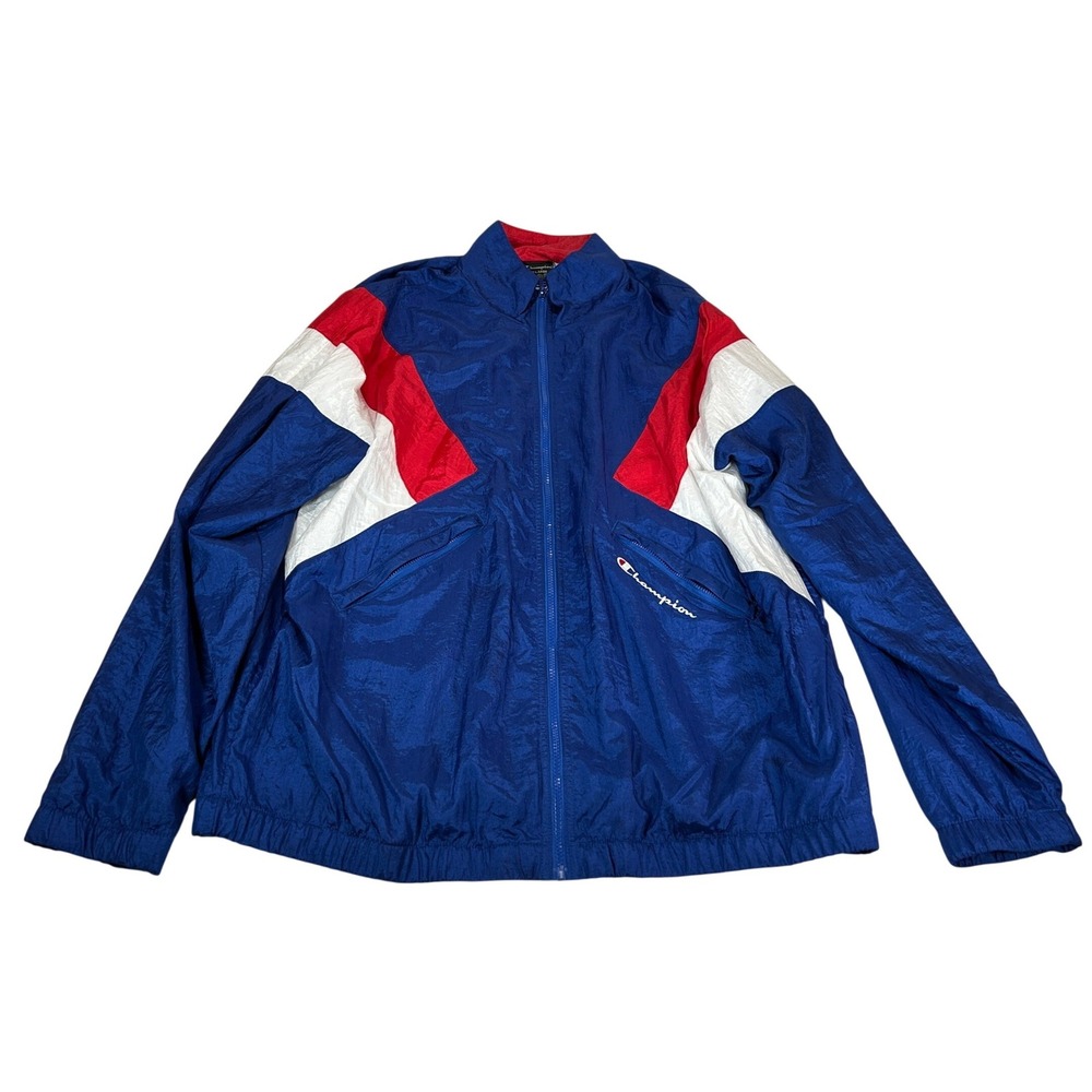 VTG Y2K Champion Mens 2XL Blue Red White Colorblock Full Zip Windbreaker Jacket